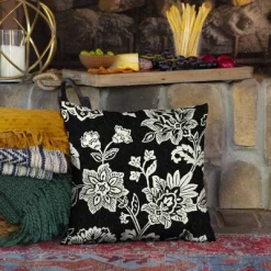 2pk Square Ashland Jacobean Outdoor Throw Pillows Black/White - Arden Selections
