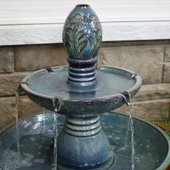 Sunnydaze Decor Sunnydaze 38"H Electric Ceramic 2-Tier Outdoor Water Feature With LED Lights, Green -Outdoor Decoration Store GUEST 01b2b7d5 e003 44eb b313 5af7a1a72032