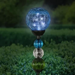 29.5" Crackle Glass Solar Ball And Beaded Stake Blue - Exhart