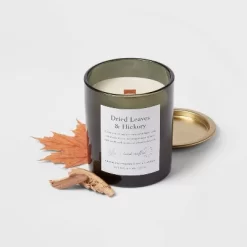 Clear Colored Glass With Woodwick And Brass Metal Inset Lid Dried Leaves + Hickory Candle Green - Threshold™ -Outdoor Decoration Store GUEST 08a8f017 4656 4cfc 916f 24f9e984c4ec