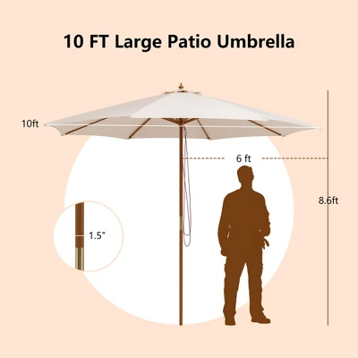 10FT Patio Wooden Market Table Umbrella Pulley W/8 Bamboo Ribs Sunshade Canopy 5 10FT Patio Wooden Market Table Umbrella Pulley W/8 Bamboo Ribs Sunshade Canopy - Image 3