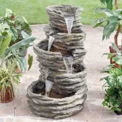 39" Indoor/Outdoor 5-Tier Rock Fountain With Replaceable LED Lights Gray - Alpine Corporation