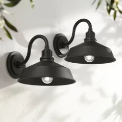Franklin Iron Works Arnett Rustic Industrial Farmhouse Outdoor Barn Light Fixtures Set Of 2 Black Gooseneck 10 1/2" For Exterior Deck House Porch Yard