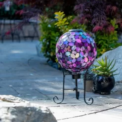 11" Solar Mosaic Iron/Glass Gazing Globe With Stand Pink - Alpine Corporation
