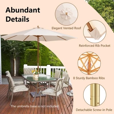 10FT Patio Wooden Market Table Umbrella Pulley W/8 Bamboo Ribs Sunshade Canopy 9 10FT Patio Wooden Market Table Umbrella Pulley W/8 Bamboo Ribs Sunshade Canopy - Image 7