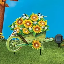 Collections Etc Solar Powered Sunflowers & Chickadees Cart Garden Stake