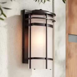 Possini Euro Design Theola Modern Outdoor Wall Light Fixture Bronze LED 16 1/4" Etched Glass Shade For Post Exterior Barn Deck House Porch Yard Patio