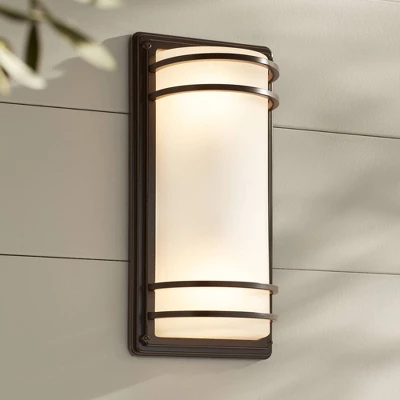 John Timberland Habitat Modern Industrial Outdoor Wall Light Fixtures Set Of 2 Rubbed Bronze 16" Opal Glass For Post Exterior Barn Deck 7 John Timberland Habitat Modern Industrial Outdoor Wall Light Fixtures Set Of 2 Rubbed Bronze 16" Opal Glass For Post Exterior Barn Deck - Image 5
