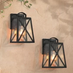 2pk 9" Metal/Glass Square Outdoor Wall Lights Matte Black - LNC