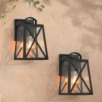 2pk 9" Metal/Glass Square Outdoor Wall Lights Matte Black - LNC 3 2pk 9" Metal/Glass Square Outdoor Wall Lights Matte Black - LNC