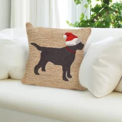 18"x18" Front Porch Christmas Dog Indoor/Outdoor Square Throw Pillow Neutral - Liora Manne