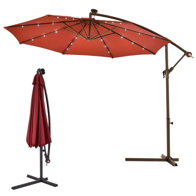 Costway 10' Hanging Solar LED Umbrella Patio Sun Shade Offset Market W/Base Burgundy 5 Costway 10' Hanging Solar LED Umbrella Patio Sun Shade Offset Market W/Base Burgundy - Image 3