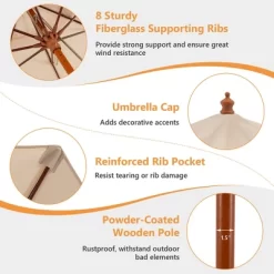 Costway 9.5 FT Patio Rope Pulley Wooden Umbrella Market W/Fiberglass Ribs Outdoor Beige -Outdoor Decoration Store GUEST 7afb49f8 67c0 4868 b9d0 5d9ac71611f0