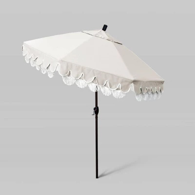 7.5' Sunbrella Scallop Base Fringe Market Patio Umbrella With Push Button Tilt - Bronze Pole - California Umbrella 3 7.5' Sunbrella Scallop Base Fringe Market Patio Umbrella With Push Button Tilt - Bronze Pole - California Umbrella