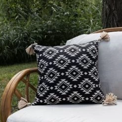 18X18 Inch Hand Woven Southwest Geo Outdoor Pillow Black Polyester With Polyester Fill By Foreside Home & Garden