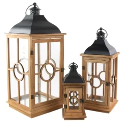 Northlight Set Of 3 Natural Wood Candle Lanterns With Black Metal Tops 26.5" -Outdoor Decoration Store GUEST 8b957022 a4bc 4dbb a1ce 17fc8ff0e694