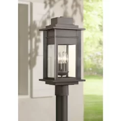 Franklin Iron Works Rustic Outdoor Post Light Fixture LED Black Specked Gray 31 1/2" Clear Glass For Exterior Garden Yard Driveway