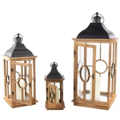 Northlight Set Of 3 Natural Wood Candle Lanterns With Black Metal Tops 26.5" -Outdoor Decoration Store GUEST 959aac78 28ae 41d3 98df d5055ea147f9
