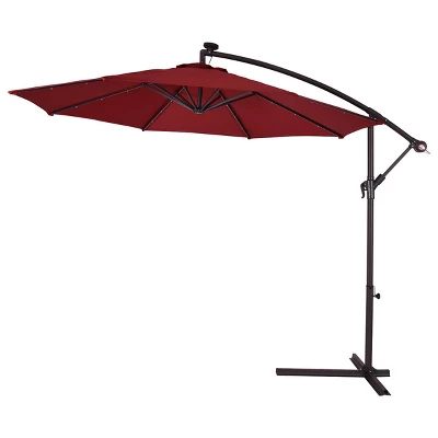 Costway 10' Hanging Solar LED Umbrella Patio Sun Shade Offset Market W/Base Burgundy 6 Costway 10' Hanging Solar LED Umbrella Patio Sun Shade Offset Market W/Base Burgundy - Image 4