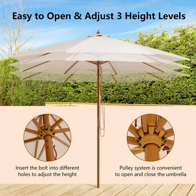 10FT Patio Wooden Market Table Umbrella Pulley W/8 Bamboo Ribs Sunshade Canopy 7 10FT Patio Wooden Market Table Umbrella Pulley W/8 Bamboo Ribs Sunshade Canopy - Image 5