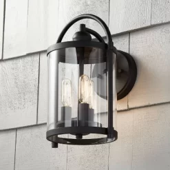 John Timberland Avani Modern Outdoor Wall Light Fixture Black Lantern 13" Clear Cylinder Glass For Post Exterior Barn Deck House Porch Yard Patio Home