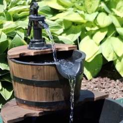 Sunnydaze Decor Sunnydaze 23"H Electric Fir Wood 2-Tier Farmhouse Barrel With Metal Decorative Hand Pump Outdoor Water Fountain -Outdoor Decoration Store GUEST b0abafc3 c8da 491e 95e2 f6a56d033f16
