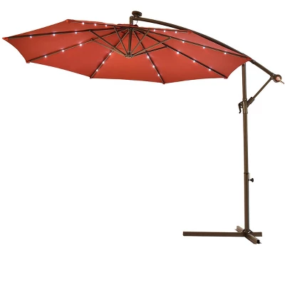Costway 10' Hanging Solar LED Umbrella Patio Sun Shade Offset Market W/Base Burgundy 3 Costway 10' Hanging Solar LED Umbrella Patio Sun Shade Offset Market W/Base Burgundy
