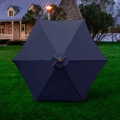 9' X 9' Round Wood Grain Steel Patio Umbrella Navy Blue - Astella -Outdoor Decoration Store GUEST d608c027 7101 4063 887a af2d512360da