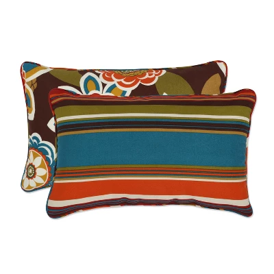 Outdoor 2-Piece Reversible Lumbar Toss Pillow Set - Brown/Turquoise Floral/Stripe - Pillow Perfect 3 Outdoor 2-Piece Reversible Lumbar Toss Pillow Set - Brown/Turquoise Floral/Stripe - Pillow Perfect