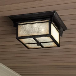 Franklin Iron Works Mission Flush Mount Outdoor Ceiling Light Fixture Walnut Bronze 15" Frosted Cream Glass Damp Rated For Exterior House