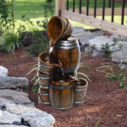 24" Indoor/Outdoor Tiered Barrels And Buckets Fountain Brown - Alpine Corporation
