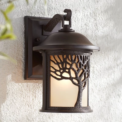 John Timberland Mission Outdoor Wall Light Fixture Bronze Tree Motif 12 1/4" Amber Glass Lantern For Exterior House Porch Patio 3 John Timberland Mission Outdoor Wall Light Fixture Bronze Tree Motif 12 1/4" Amber Glass Lantern For Exterior House Porch Patio