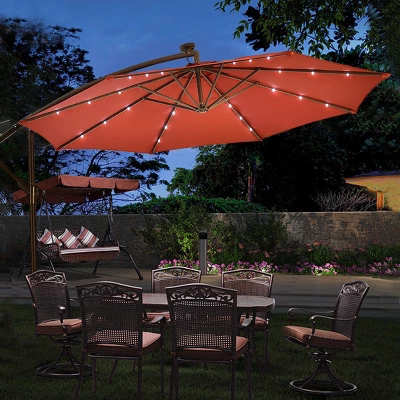 Costway 10' Hanging Solar LED Umbrella Patio Sun Shade Offset Market W/Base Burgundy 4 Costway 10' Hanging Solar LED Umbrella Patio Sun Shade Offset Market W/Base Burgundy - Image 2
