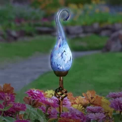 Pearlized Glass Solar Flame Stake Light Light Blue - Exhart