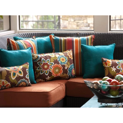 Outdoor 2-Piece Reversible Lumbar Toss Pillow Set - Brown/Turquoise Floral/Stripe - Pillow Perfect 4 Outdoor 2-Piece Reversible Lumbar Toss Pillow Set - Brown/Turquoise Floral/Stripe - Pillow Perfect - Image 2